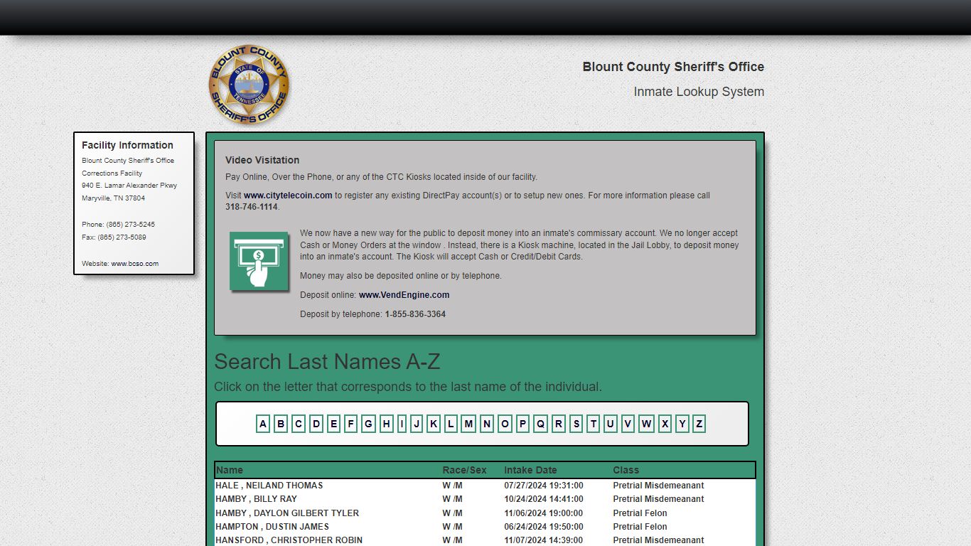 Search A-Z - Currently Booked - BCSO